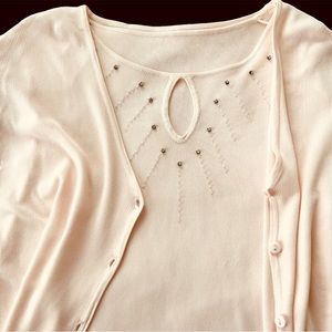 Sweater Set- Sleeveless Keyhole Camisole, Delicate Rhinestone and Pearl Accent